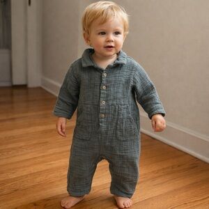 Zara Baby Boy Cotton Muslin Button One Piece 12-18 Months Romper Pajamas Green